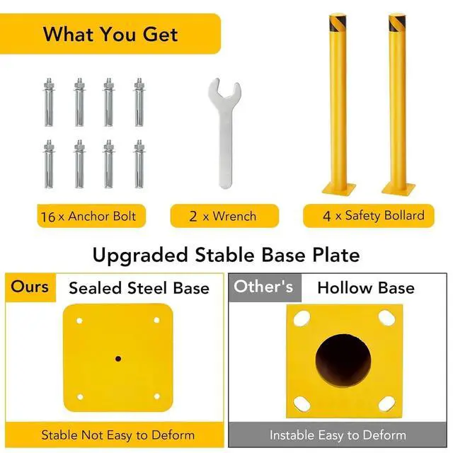 Alt view image 4 of 7 - Patikuin Heavy Duty Yellow Steel Safety Bollard Posts 42" Height x 4.5" Diameter Set of 4 with 16 Anchor Bolts Industrial Stream Control, Driveway, Parking Security Guardrail 4 Pack, Size: 42
