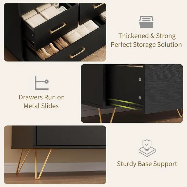 Alt view image 6 of 7 - Patikuin Black Dresser for Bedroom, 47" Wide Chest of Drawers with LED Lights, Charging Station & 5 Smooth-Sliding Drawers, Modern Wood Storage Cabinet for Entryway, Hallway, Living Room