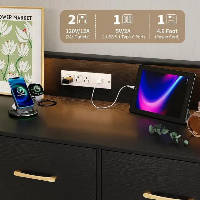Alt view image 5 of 7 - Patikuin Black Dresser for Bedroom, 47" Wide Chest of Drawers with LED Lights, Charging Station & 5 Smooth-Sliding Drawers, Modern Wood Storage Cabinet for Entryway, Hallway, Living Room