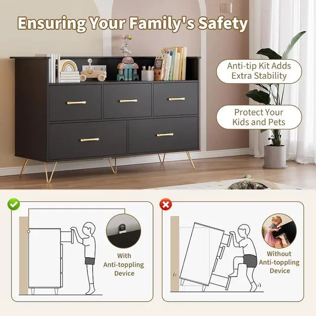 Alt view image 7 of 7 - Patikuin Black Dresser for Bedroom, 47" Wide Chest of Drawers with LED Lights, Charging Station & 5 Smooth-Sliding Drawers, Modern Wood Storage Cabinet for Entryway, Hallway, Living Room