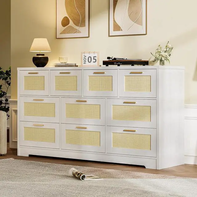 Main image of Patikuin 59" Rattan 10 Drawer Dresser, Modern Farmhouse Wood Chest of Drawers for Bedroom, Wide Storage Organizer TV Stand for Living Room, Entryway, Closet, White