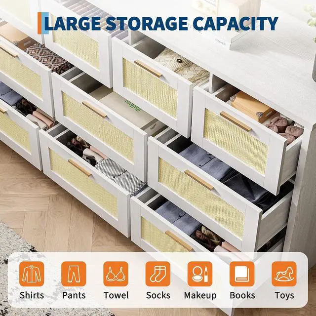 Alt view image 3 of 7 - Patikuin 59" Rattan 10 Drawer Dresser, Modern Farmhouse Wood Chest of Drawers for Bedroom, Wide Storage Organizer TV Stand for Living Room, Entryway, Closet, White