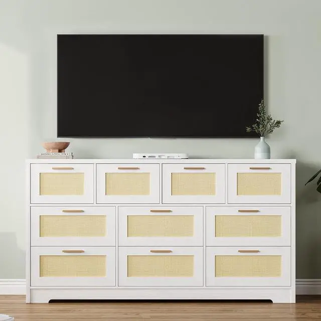 Alt view image 6 of 7 - Patikuin 59" Rattan 10 Drawer Dresser, Modern Farmhouse Wood Chest of Drawers for Bedroom, Wide Storage Organizer TV Stand for Living Room, Entryway, Closet, White