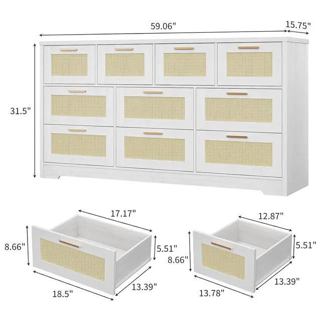 Alt view image 2 of 7 - Patikuin 59" Rattan 10 Drawer Dresser, Modern Farmhouse Wood Chest of Drawers for Bedroom, Wide Storage Organizer TV Stand for Living Room, Entryway, Closet, White