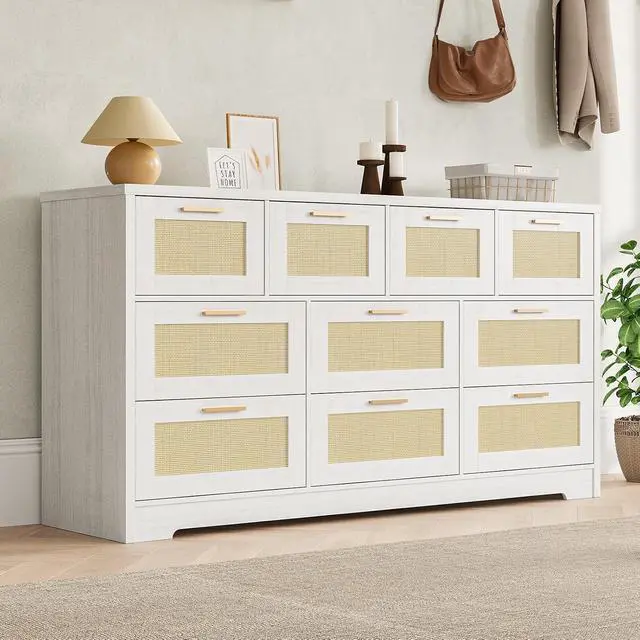 Alt view image 7 of 7 - Patikuin 59" Rattan 10 Drawer Dresser, Modern Farmhouse Wood Chest of Drawers for Bedroom, Wide Storage Organizer TV Stand for Living Room, Entryway, Closet, White