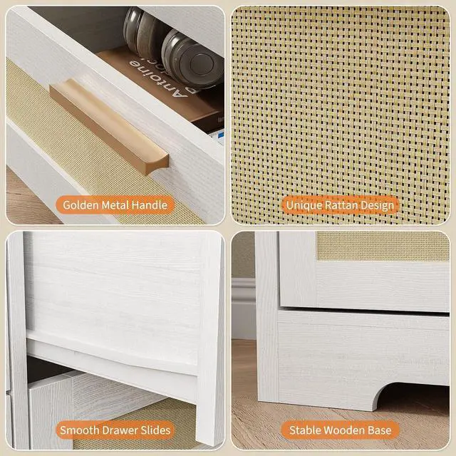 Alt view image 5 of 7 - Patikuin 59" Rattan 10 Drawer Dresser, Modern Farmhouse Wood Chest of Drawers for Bedroom, Wide Storage Organizer TV Stand for Living Room, Entryway, Closet, White