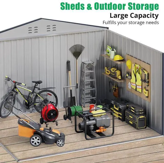 Alt view image 3 of 7 - Patikuin 10x12 FT Galvanized Steel Storage Shed, Large Capacity Outdoor Tool Storage House with Lockable Door & Dual Vents, Dark Grey