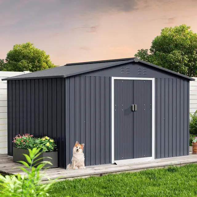 Alt view image 7 of 7 - Patikuin 10x12 FT Galvanized Steel Storage Shed, Large Capacity Outdoor Tool Storage House with Lockable Door & Dual Vents, Dark Grey