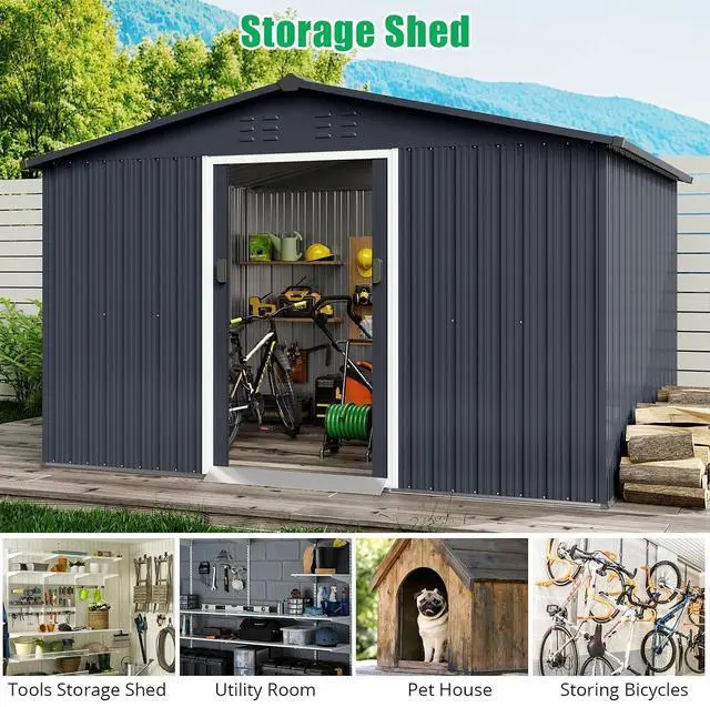 Alt view image 4 of 7 - Patikuin 10x12 FT Galvanized Steel Storage Shed, Large Capacity Outdoor Tool Storage House with Lockable Door & Dual Vents, Dark Grey