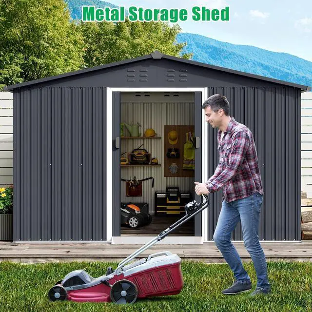 Alt view image 6 of 7 - Patikuin 10x12 FT Galvanized Steel Storage Shed, Large Capacity Outdoor Tool Storage House with Lockable Door & Dual Vents, Dark Grey