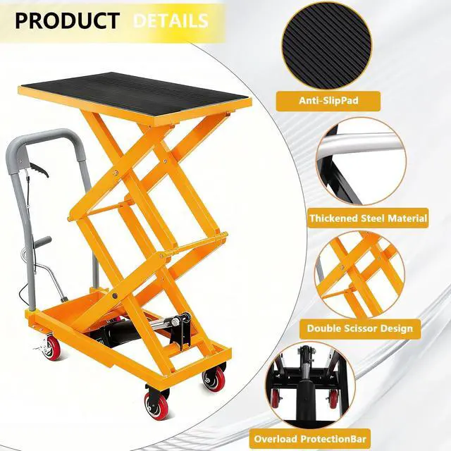 Alt view image 4 of 7 - Patikuin Hydraulic Double Scissor Lift Table Cart 770 lbs Capacity 14-50" Lifting Height Heavy Duty Steel, Non-Slip Pad Stable Manual Pump Rust-Resistant Yellow, Includes Gloves, Ships in