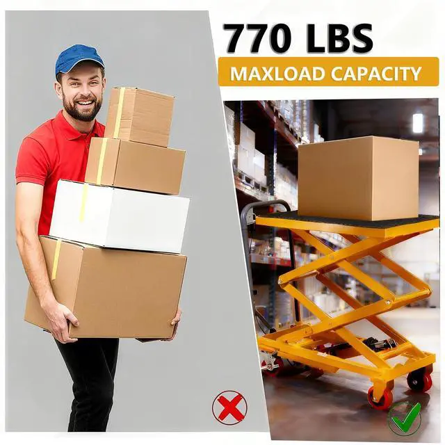 Alt view image 7 of 7 - Patikuin Hydraulic Double Scissor Lift Table Cart 770 lbs Capacity 14-50" Lifting Height Heavy Duty Steel, Non-Slip Pad Stable Manual Pump Rust-Resistant Yellow, Includes Gloves, Ships in