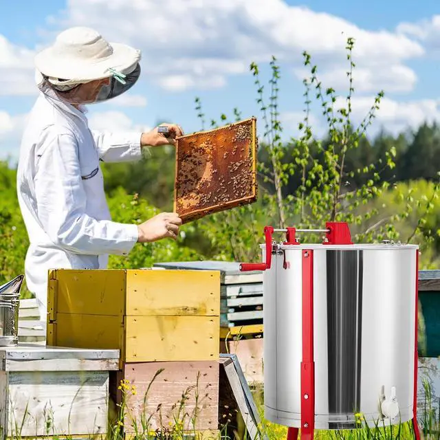 Alt view image 2 of 7 - Patikuin 2/4 Frame Manual Honey Extractor, 22" Food-Safe Stainless Steel Beekeeping Tool with Adjustable Height Stand, Clear Lid & Honey Gate