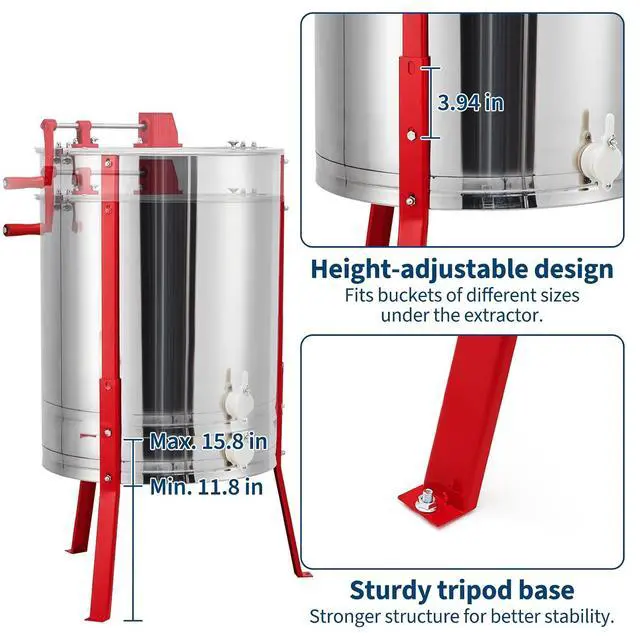 Alt view image 6 of 7 - Patikuin 2/4 Frame Manual Honey Extractor, 22" Food-Safe Stainless Steel Beekeeping Tool with Adjustable Height Stand, Clear Lid & Honey Gate