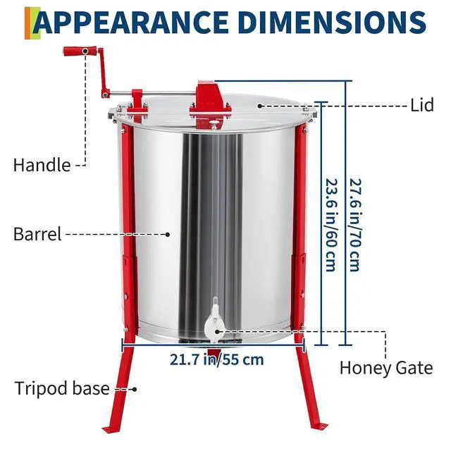 Alt view image 7 of 7 - Patikuin 2/4 Frame Manual Honey Extractor, 22" Food-Safe Stainless Steel Beekeeping Tool with Adjustable Height Stand, Clear Lid & Honey Gate