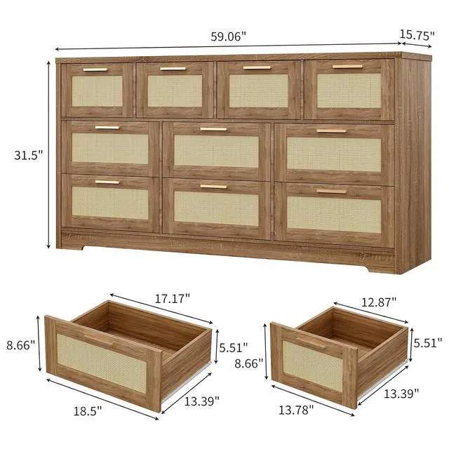 Alt view image 2 of 7 - Patikuin 59" Rattan 10 Drawer Dresser, Modern Farmhouse Wood Chest of Drawers for Bedroom, Wide Storage Organizer TV Stand for Living Room, Entryway, Closet, Natural