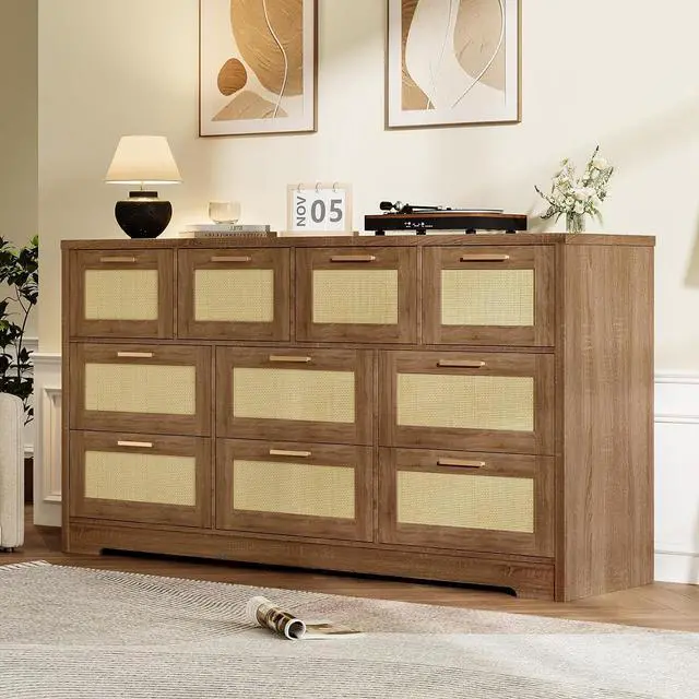 Main image of Patikuin 59" Rattan 10 Drawer Dresser, Modern Farmhouse Wood Chest of Drawers for Bedroom, Wide Storage Organizer TV Stand for Living Room, Entryway, Closet, Natural