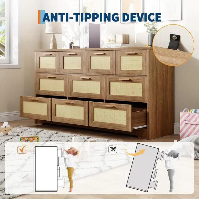 Alt view image 4 of 7 - Patikuin 59" Rattan 10 Drawer Dresser, Modern Farmhouse Wood Chest of Drawers for Bedroom, Wide Storage Organizer TV Stand for Living Room, Entryway, Closet, Natural