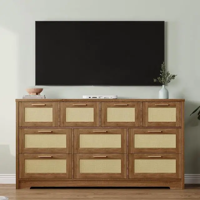 Alt view image 6 of 7 - Patikuin 59" Rattan 10 Drawer Dresser, Modern Farmhouse Wood Chest of Drawers for Bedroom, Wide Storage Organizer TV Stand for Living Room, Entryway, Closet, Natural