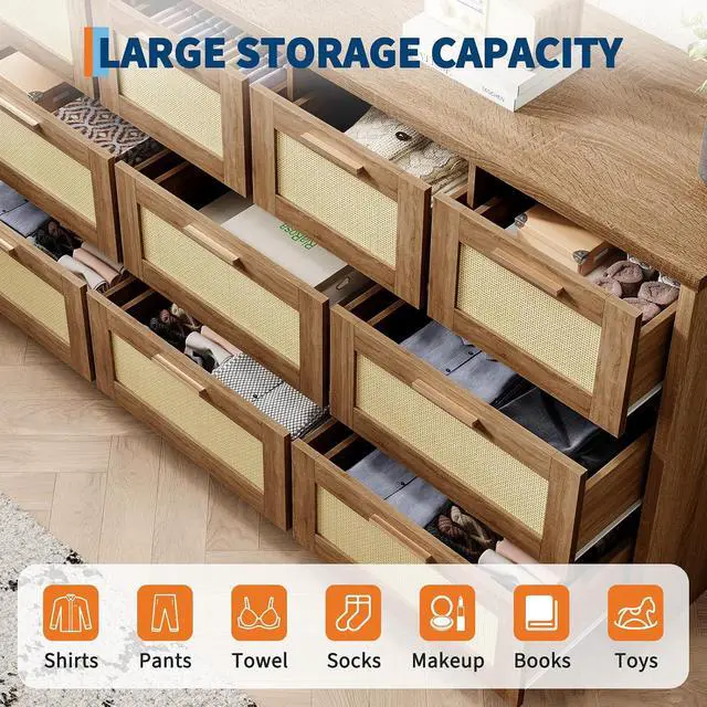 Alt view image 3 of 7 - Patikuin 59" Rattan 10 Drawer Dresser, Modern Farmhouse Wood Chest of Drawers for Bedroom, Wide Storage Organizer TV Stand for Living Room, Entryway, Closet, Natural