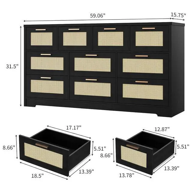 Alt view image 2 of 7 - Patikuin 59" Rattan 10 Drawer Dresser, Modern Farmhouse Wood Chest of Drawers for Bedroom, Wide Storage Organizer TV Stand for Living Room, Entryway, Closet, Black