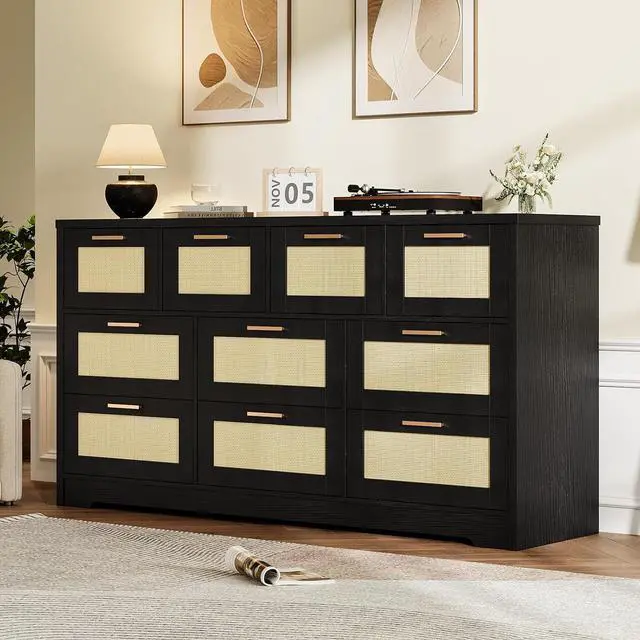 Main image of Patikuin 59" Rattan 10 Drawer Dresser, Modern Farmhouse Wood Chest of Drawers for Bedroom, Wide Storage Organizer TV Stand for Living Room, Entryway, Closet, Black