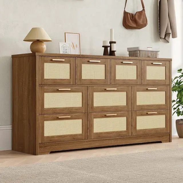 Alt view image 7 of 7 - Patikuin 59" Rattan 10 Drawer Dresser, Modern Farmhouse Wood Chest of Drawers for Bedroom, Wide Storage Organizer TV Stand for Living Room, Entryway, Closet, Natural