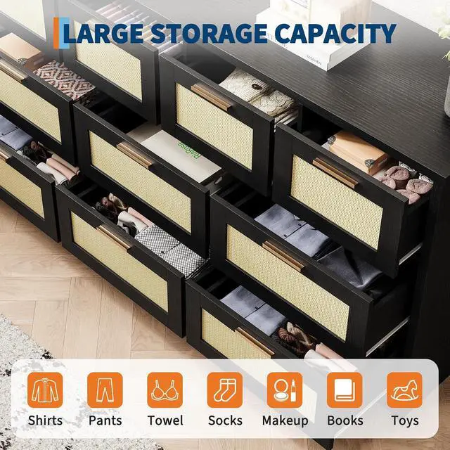 Alt view image 3 of 7 - Patikuin 59" Rattan 10 Drawer Dresser, Modern Farmhouse Wood Chest of Drawers for Bedroom, Wide Storage Organizer TV Stand for Living Room, Entryway, Closet, Black