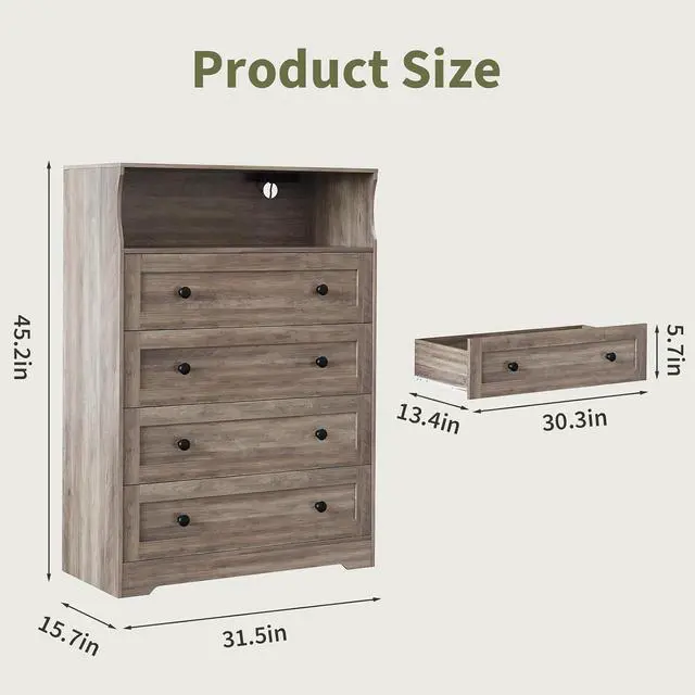Alt view image 2 of 7 - Patikuin 45.2" Tall 4-Drawer Dresser with Charging Station & LED Light, Skinny Vertical Chest of Drawers with Open Shelf, Bedroom Dresser for Closet, Nursery, Apartments, Grey