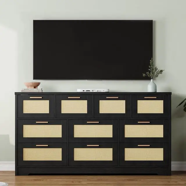 Alt view image 6 of 7 - Patikuin 59" Rattan 10 Drawer Dresser, Modern Farmhouse Wood Chest of Drawers for Bedroom, Wide Storage Organizer TV Stand for Living Room, Entryway, Closet, Black