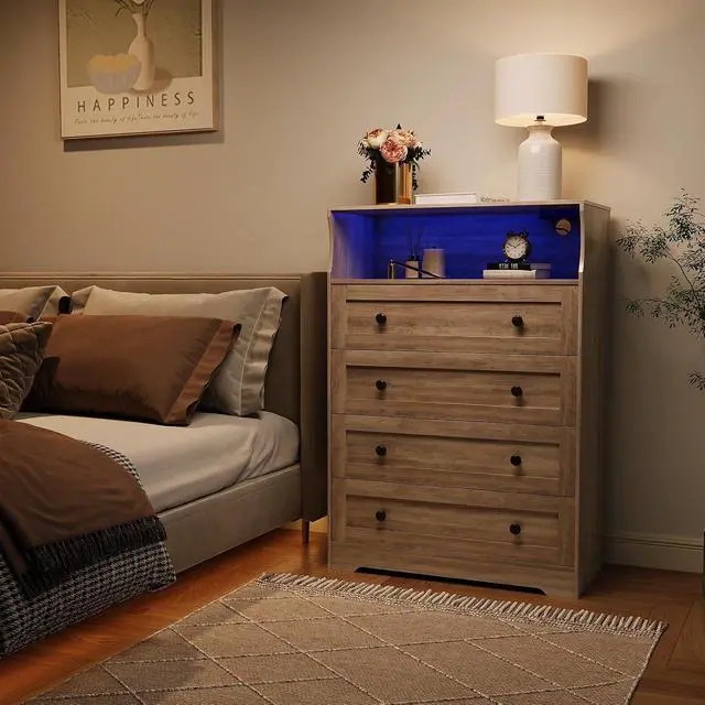 Alt view image 4 of 7 - Patikuin 45.2" Tall 4-Drawer Dresser with Charging Station & LED Light, Skinny Vertical Chest of Drawers with Open Shelf, Bedroom Dresser for Closet, Nursery, Apartments, Grey