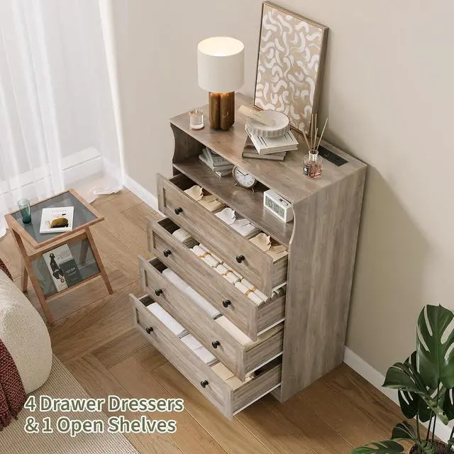 Alt view image 3 of 7 - Patikuin 45.2" Tall 4-Drawer Dresser with Charging Station & LED Light, Skinny Vertical Chest of Drawers with Open Shelf, Bedroom Dresser for Closet, Nursery, Apartments, Grey