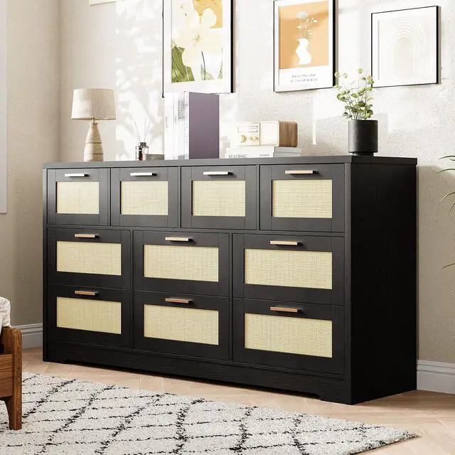 Alt view image 7 of 7 - Patikuin 59" Rattan 10 Drawer Dresser, Modern Farmhouse Wood Chest of Drawers for Bedroom, Wide Storage Organizer TV Stand for Living Room, Entryway, Closet, Black