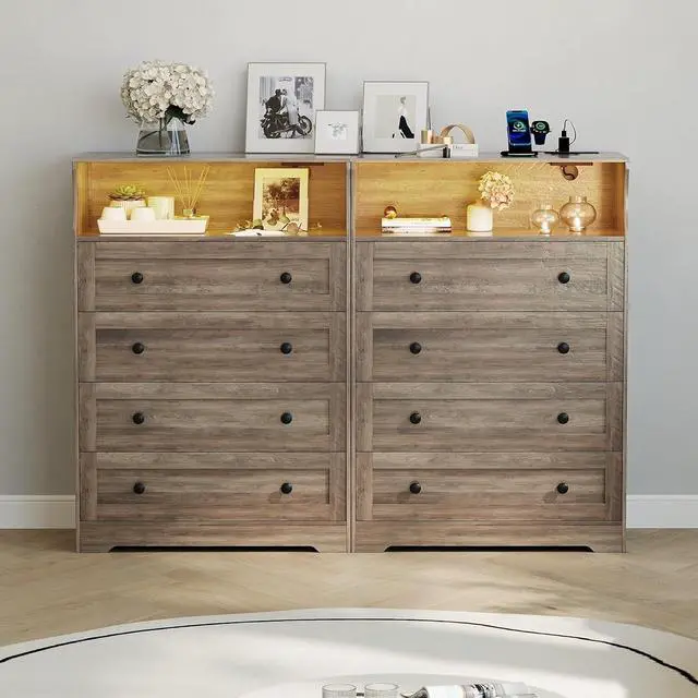 Alt view image 6 of 7 - Patikuin 45.2" Tall 4-Drawer Dresser with Charging Station & LED Light, Skinny Vertical Chest of Drawers with Open Shelf, Bedroom Dresser for Closet, Nursery, Apartments, Grey