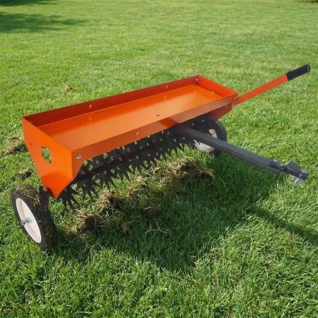 Alt view image 2 of 6 - Patikuin 40" Tow-Behind Lawn Aerator for Tractor/ATV, Heavy Duty Core Aeration Tool for Compact Soil & Dead Grass, 150LB Weight Tray with Global Hitch, Adjustable Handle & Transport Wheels, Orange