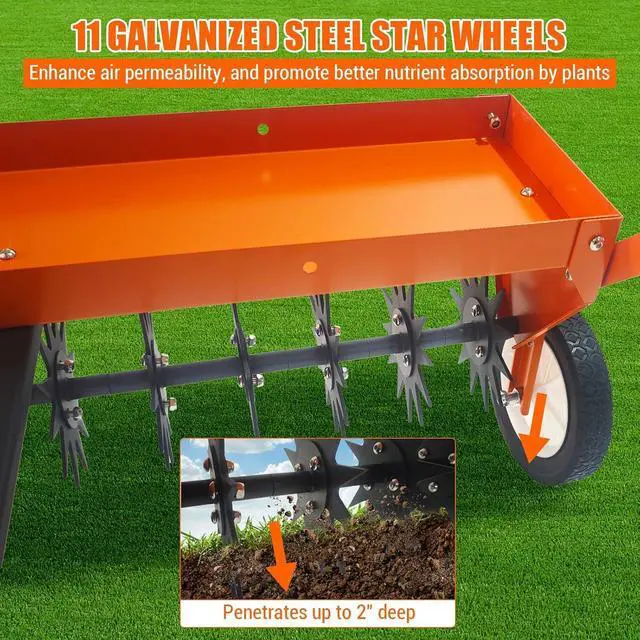 Alt view image 6 of 6 - Patikuin 40" Tow-Behind Lawn Aerator for Tractor/ATV, Heavy Duty Core Aeration Tool for Compact Soil & Dead Grass, 150LB Weight Tray with Global Hitch, Adjustable Handle & Transport Wheels, Orange
