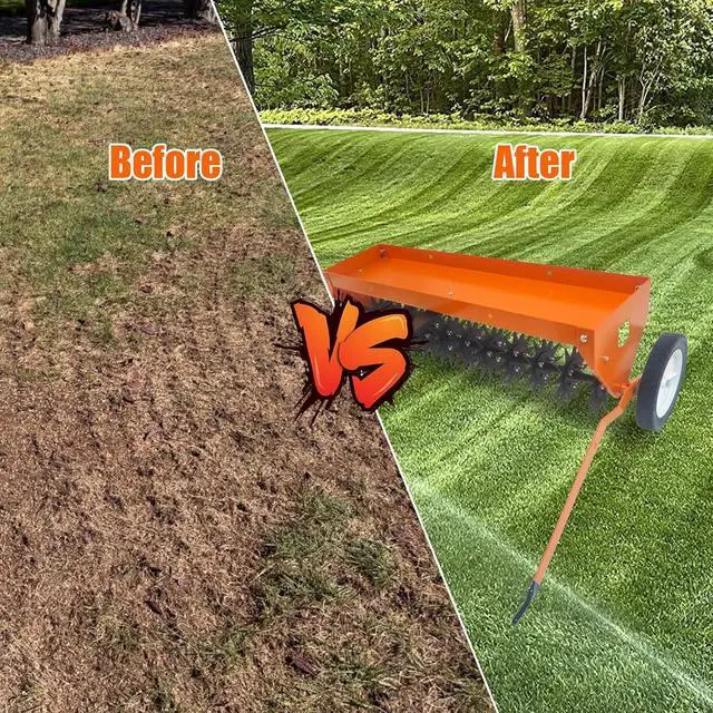 Alt view image 5 of 6 - Patikuin 40" Tow-Behind Lawn Aerator for Tractor/ATV, Heavy Duty Core Aeration Tool for Compact Soil & Dead Grass, 150LB Weight Tray with Global Hitch, Adjustable Handle & Transport Wheels, Orange