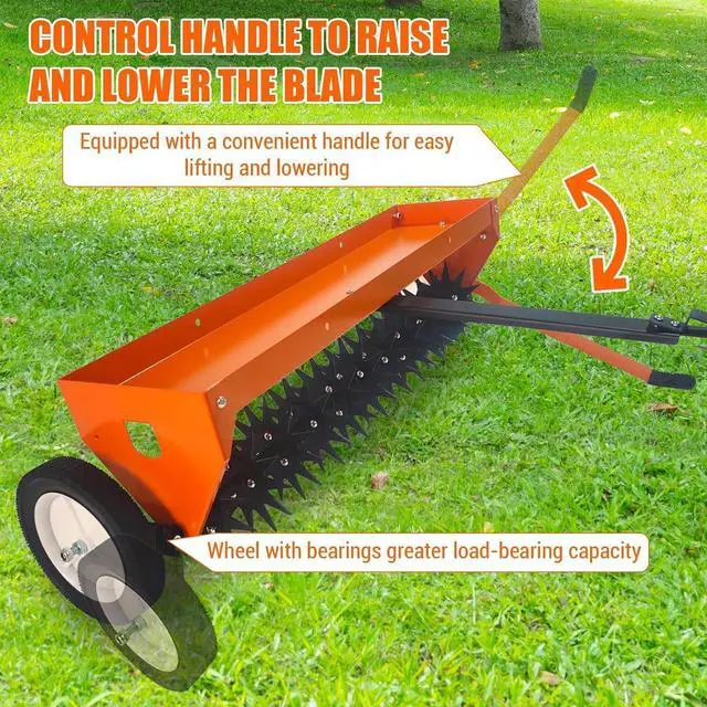 Alt view image 3 of 6 - Patikuin 40" Tow-Behind Lawn Aerator for Tractor/ATV, Heavy Duty Core Aeration Tool for Compact Soil & Dead Grass, 150LB Weight Tray with Global Hitch, Adjustable Handle & Transport Wheels, Orange