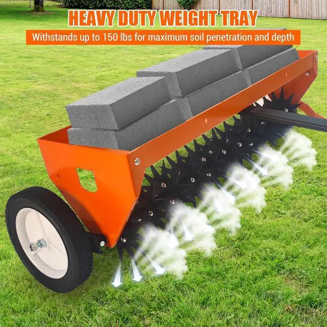 Alt view image 3 of 7 - Heavy-Duty 40-Inch Tow-Behind Spike Aerator, Pull Behind Lawn Dethatcher with Adjustable Handle, Transport Wheels & Tray, Orange & Black Finish, Ideal for Lawn, Garden & Farm Soil Aeration