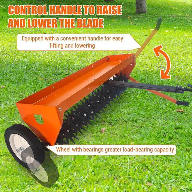 Alt view image 4 of 7 - Heavy-Duty 40-Inch Tow-Behind Spike Aerator, Pull Behind Lawn Dethatcher with Adjustable Handle, Transport Wheels & Tray, Orange & Black Finish, Ideal for Lawn, Garden & Farm Soil Aeration