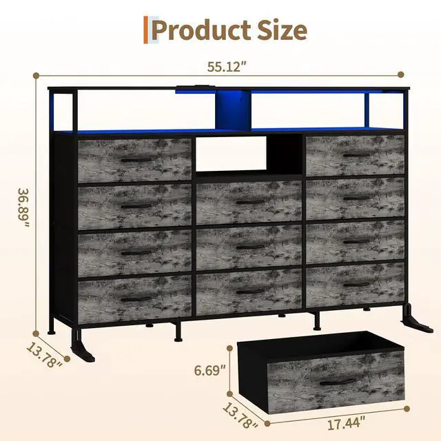 Alt view image 3 of 7 - Dresser for Bedroom with LED Lights & Charging Station, 11 Drawer Dressers & Chests of Drawers, Steel Frame, Wood Top, 55 Fabric Dresser TV Stand for Bedroom,Hallway, Storage Organization, Entryway