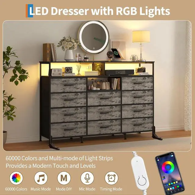 Alt view image 4 of 7 - Dresser for Bedroom with LED Lights & Charging Station, 11 Drawer Dressers & Chests of Drawers, Steel Frame, Wood Top, 55 Fabric Dresser TV Stand for Bedroom,Hallway, Storage Organization, Entryway