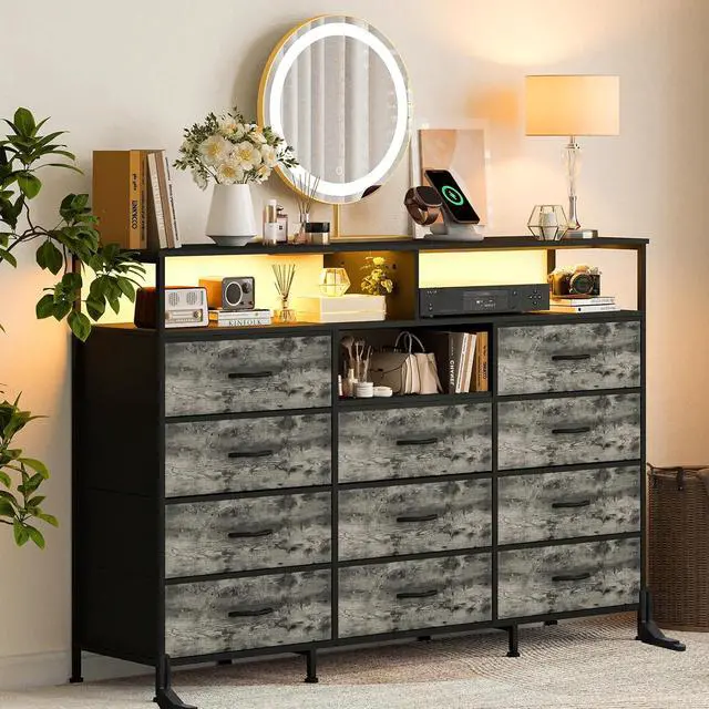 Alt view image 2 of 7 - Dresser for Bedroom with LED Lights & Charging Station, 11 Drawer Dressers & Chests of Drawers, Steel Frame, Wood Top, 55 Fabric Dresser TV Stand for Bedroom,Hallway, Storage Organization, Entryway