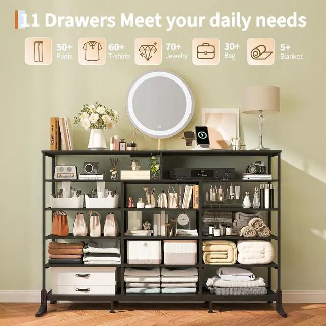 Alt view image 5 of 7 - Dresser for Bedroom with LED Lights & Charging Station, 11 Drawer Dressers & Chests of Drawers, Steel Frame, Wood Top, 55 Fabric Dresser TV Stand for Bedroom,Hallway, Storage Organization, Entryway