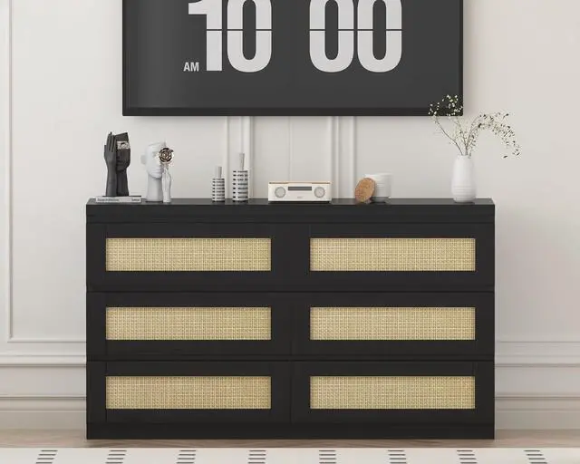 Main image of Patikuin Rattan Dresser for Bedroom, Modern 6 Drawer Dresser, Wide Chest of Drawers with Anti-Tip Kit & Smooth Slide Rail, Wood Storage Dressers for Closet, Hallway, Living Room, Black