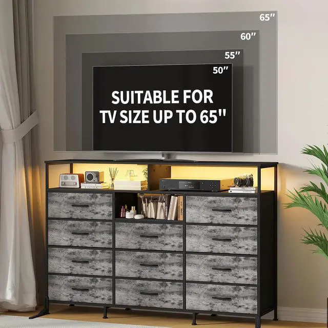 Alt view image 7 of 7 - Dresser for Bedroom with LED Lights & Charging Station, 11 Drawer Dressers & Chests of Drawers, Steel Frame, Wood Top, 55 Fabric Dresser TV Stand for Bedroom,Hallway, Storage Organization, Entryway
