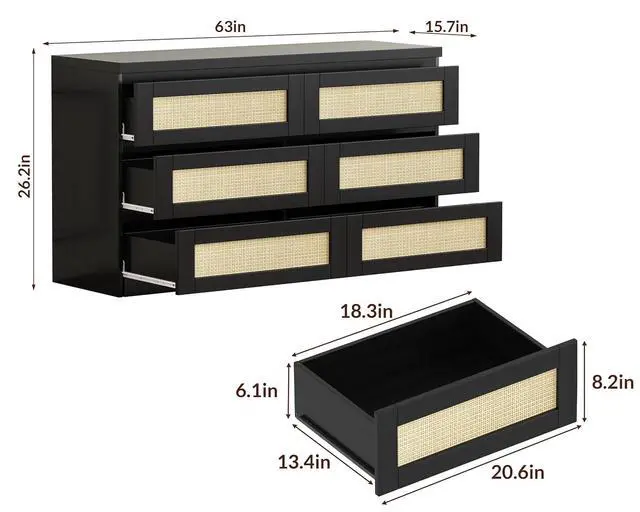Alt view image 2 of 7 - Patikuin Rattan Dresser for Bedroom, Modern 6 Drawer Dresser, Wide Chest of Drawers with Anti-Tip Kit & Smooth Slide Rail, Wood Storage Dressers for Closet, Hallway, Living Room, Black