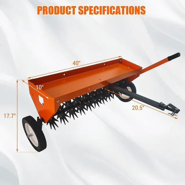 Alt view image 5 of 7 - Heavy-Duty 40-Inch Tow-Behind Spike Aerator, Pull Behind Lawn Dethatcher with Adjustable Handle, Transport Wheels & Tray, Orange & Black Finish, Ideal for Lawn, Garden & Farm Soil Aeration