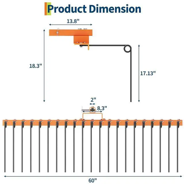 Alt view image 2 of 7 - Patikuin Landscape Rake, 60" Optional Width, Heavy Duty Steel Pine Straw Rake with Replaceable Tines, Fits 2" Hitch Receiver, Tow Behind Lawn Rake for Yard Debris, Leaves, Pine Needles, Lawn Care