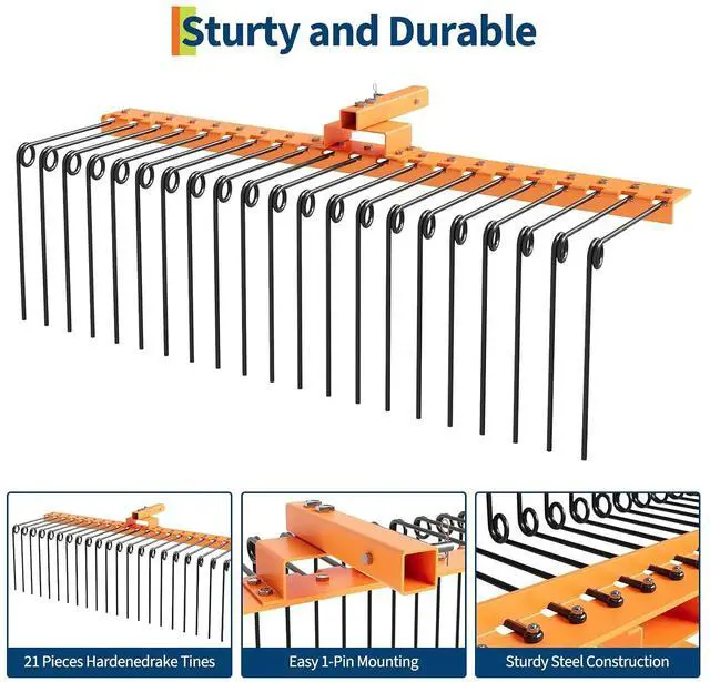 Alt view image 3 of 7 - Patikuin Landscape Rake, 60" Optional Width, Heavy Duty Steel Pine Straw Rake with Replaceable Tines, Fits 2" Hitch Receiver, Tow Behind Lawn Rake for Yard Debris, Leaves, Pine Needles, Lawn Care